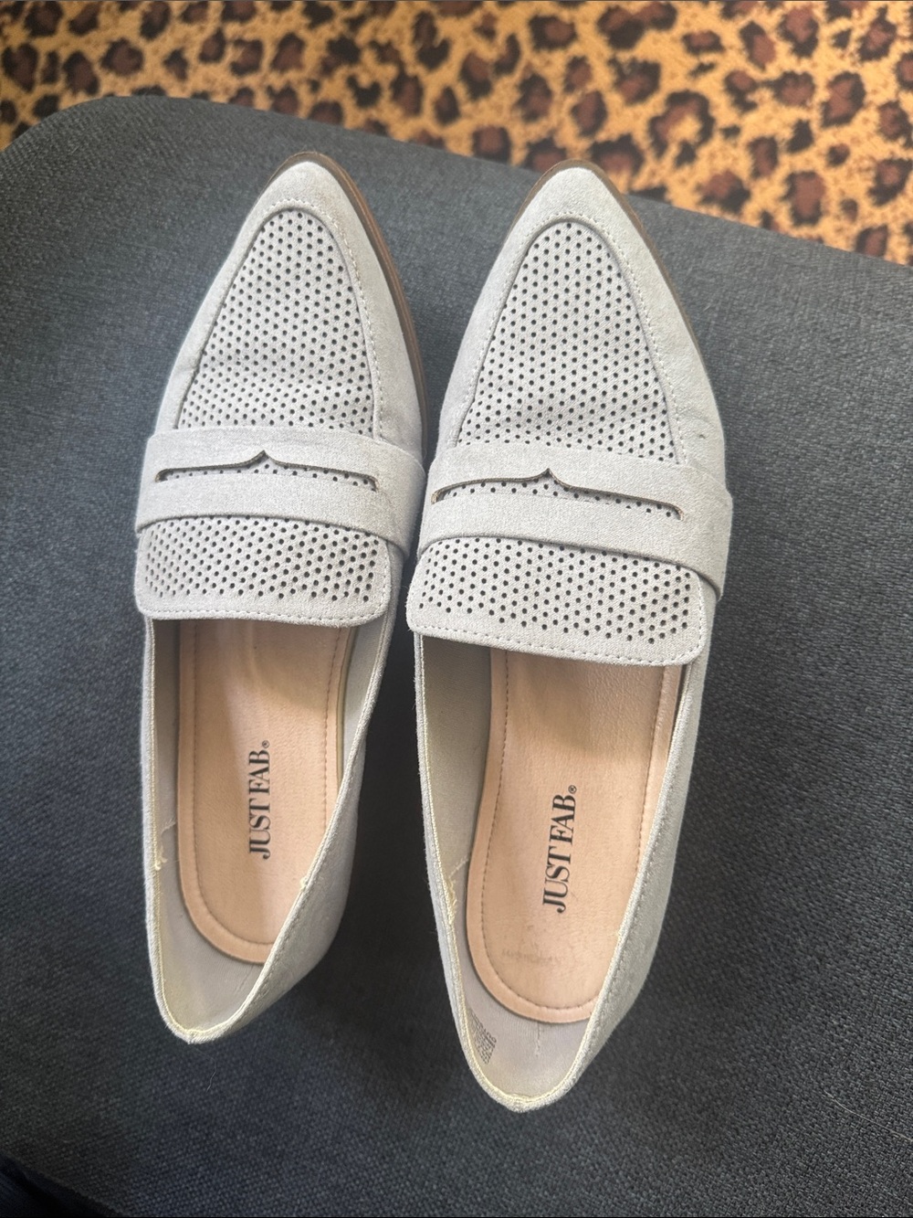 JustFab Light Gray Perforated Suede Penny Loafers